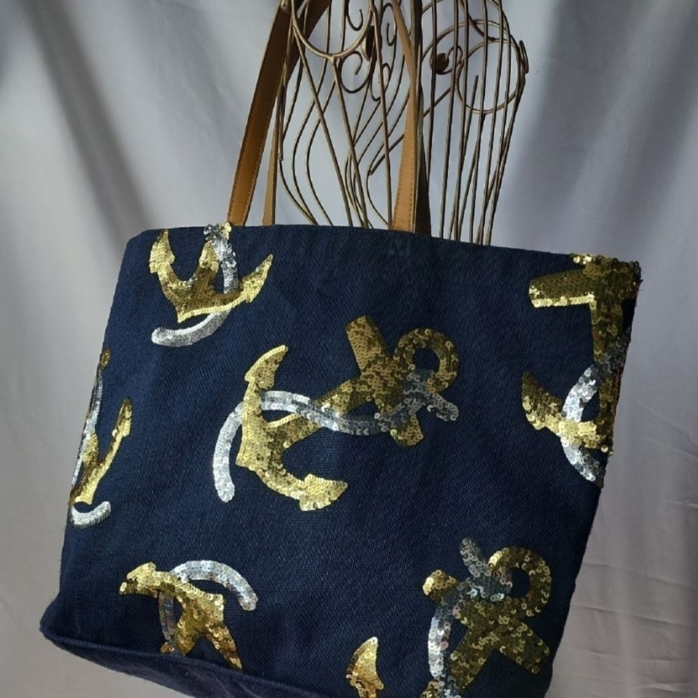 Coastal Nautical Navy Blue Jute Tote Bag Gold & Silver Sequined Anchors